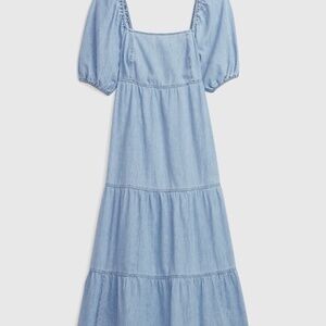Denim Tiered Puff Midi Dress by Gap - Small/Tall - Light Denim Cotton